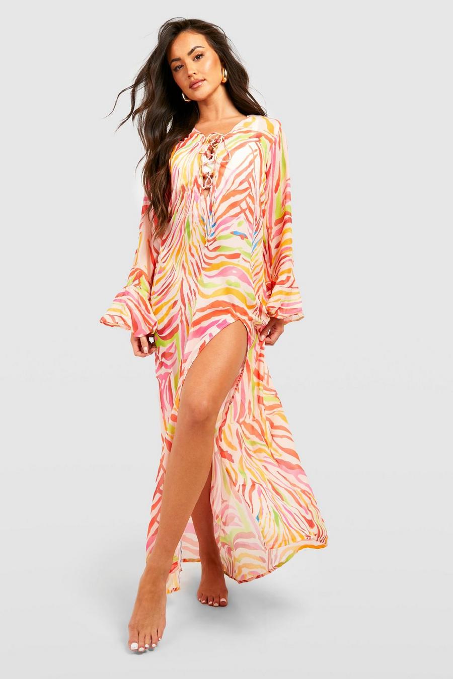 Vestido maxi para la playa estilo caftán con tiras cruzadas y estampado de cebra, Pink image number 1