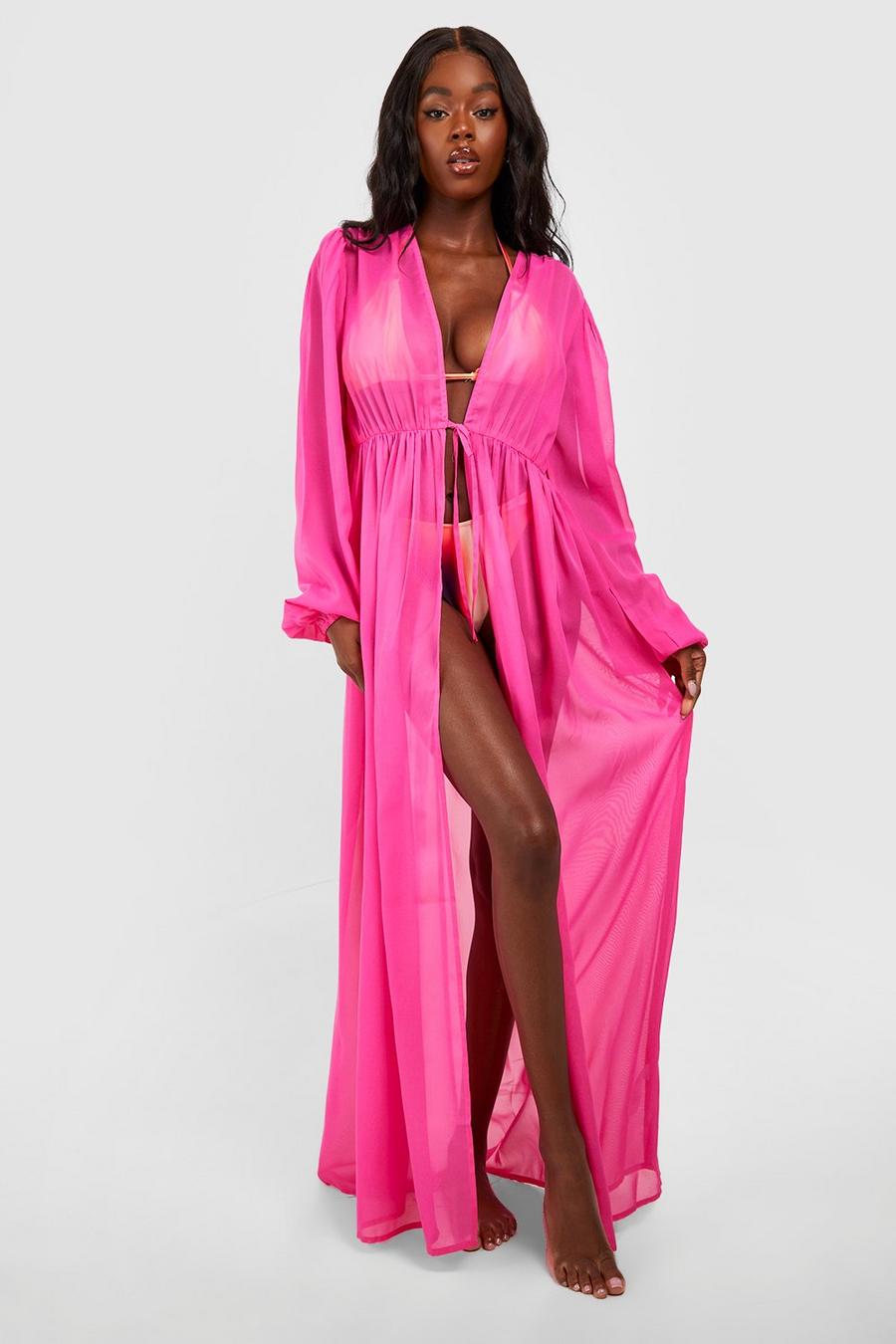 Hot pink Maxi Strand Kimono Met Ballonmouwen En Strik