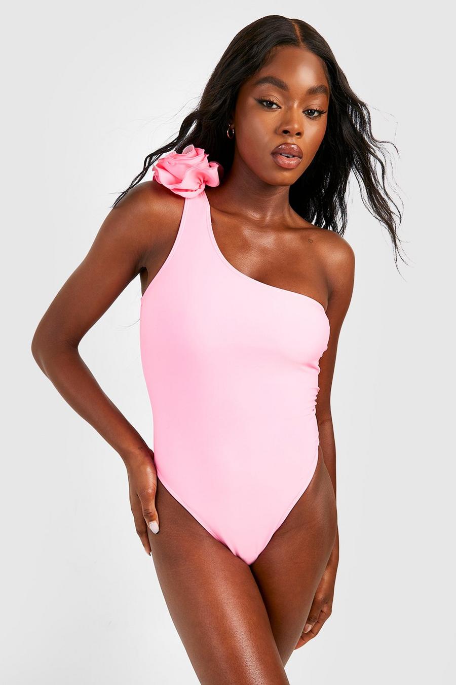 Baby pink Rose Corsage One Shoulder Swimsuit image number 1