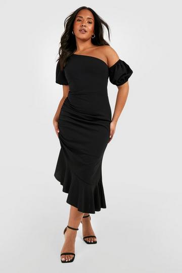 Plus Ruched Ruffle Midi Dress black