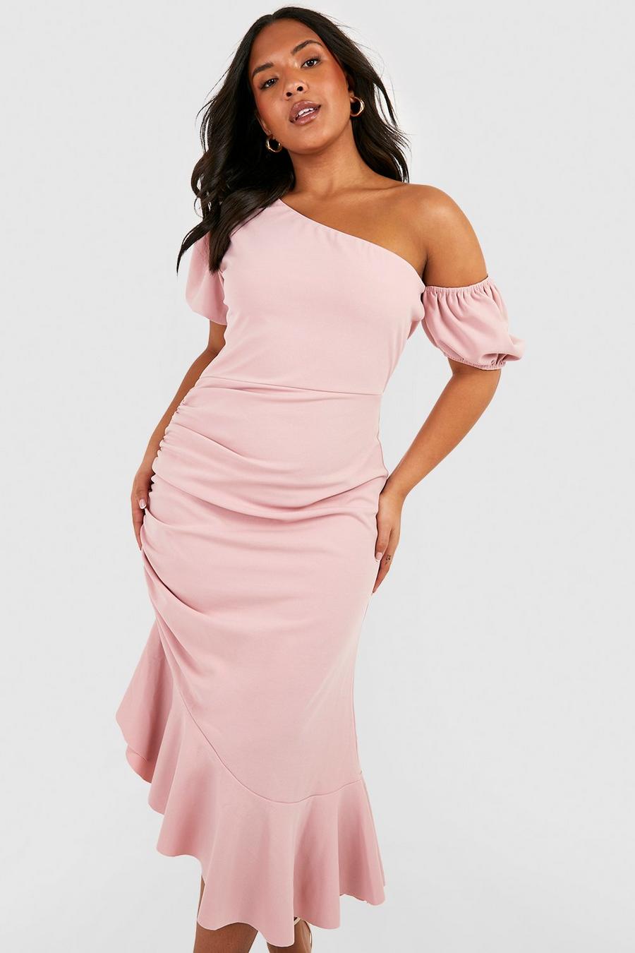 Blush pink Plus Ruched Ruffle Midi Dress
