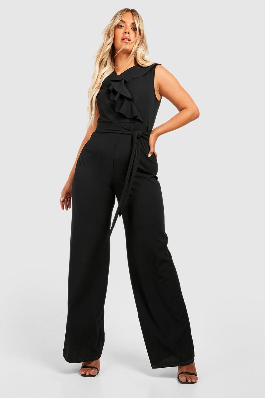 Black Plus Jumpsuit i culottemodell med omlott och knytskärp image number 1