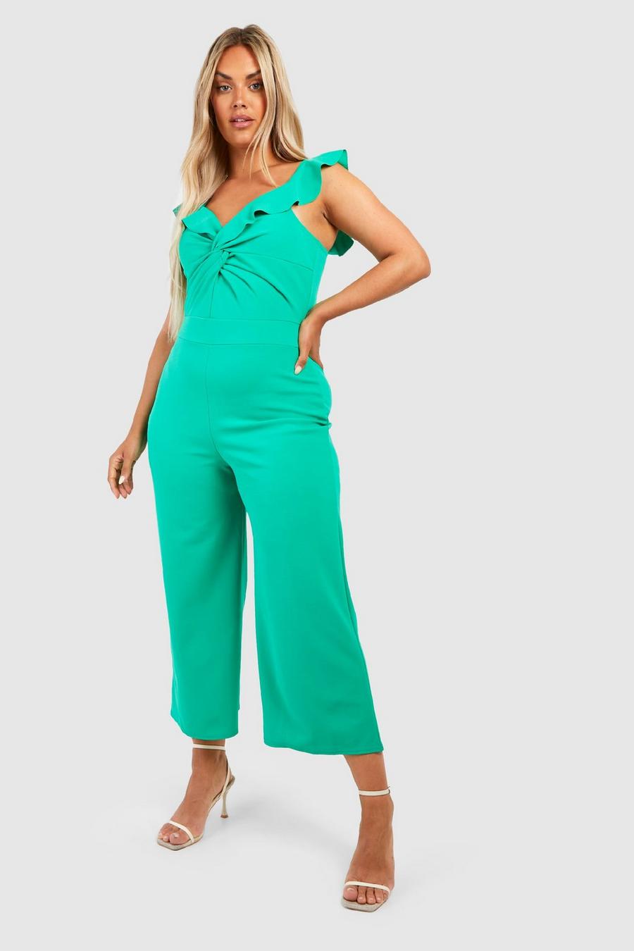 Plus Culotte-Jumpsuit mit Twist vorne und Rüschen-Trägern, Green image number 1