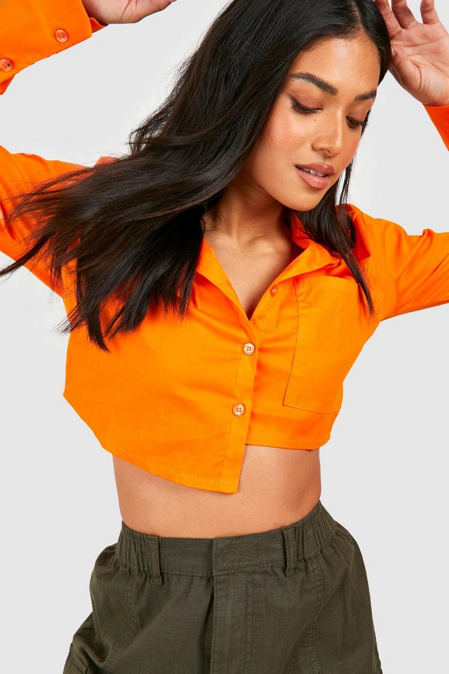 Orange Petite Cropped Boxy Asymmetric Poplin Shirt image number 1