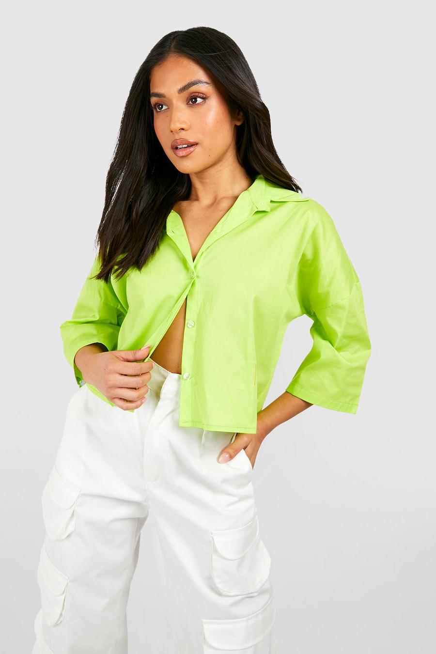 Lime Petite Cropped Boxy Poplin Shirt image number 1