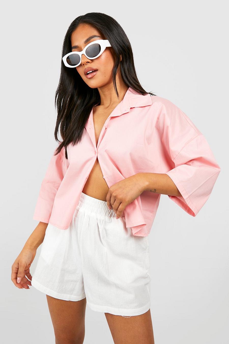 Pink Petite Cropped Boxy Poplin Shirt image number 1