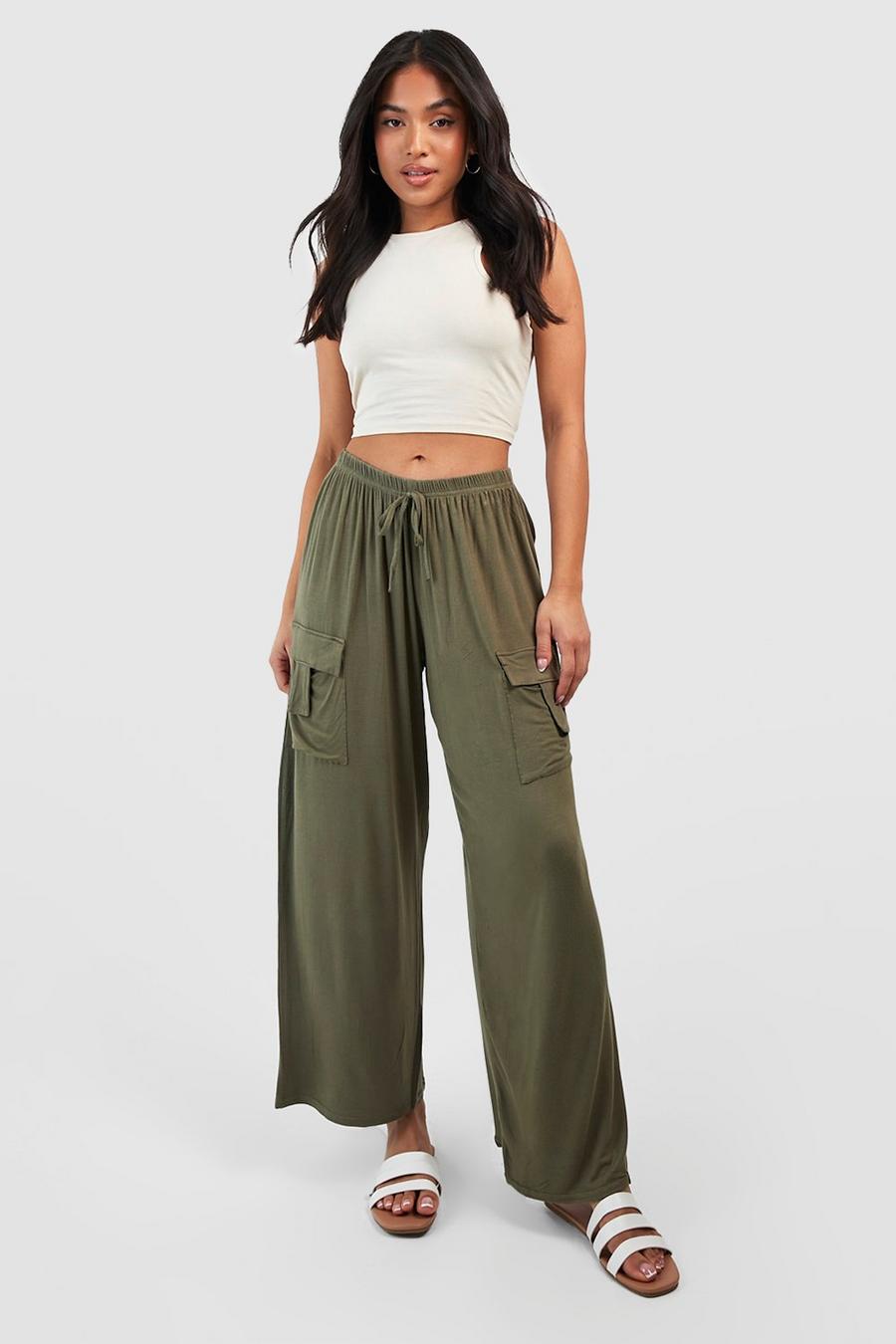 Khaki Petite Wide Leg Jersey Knit Relaxed Cargo Pants image number 1