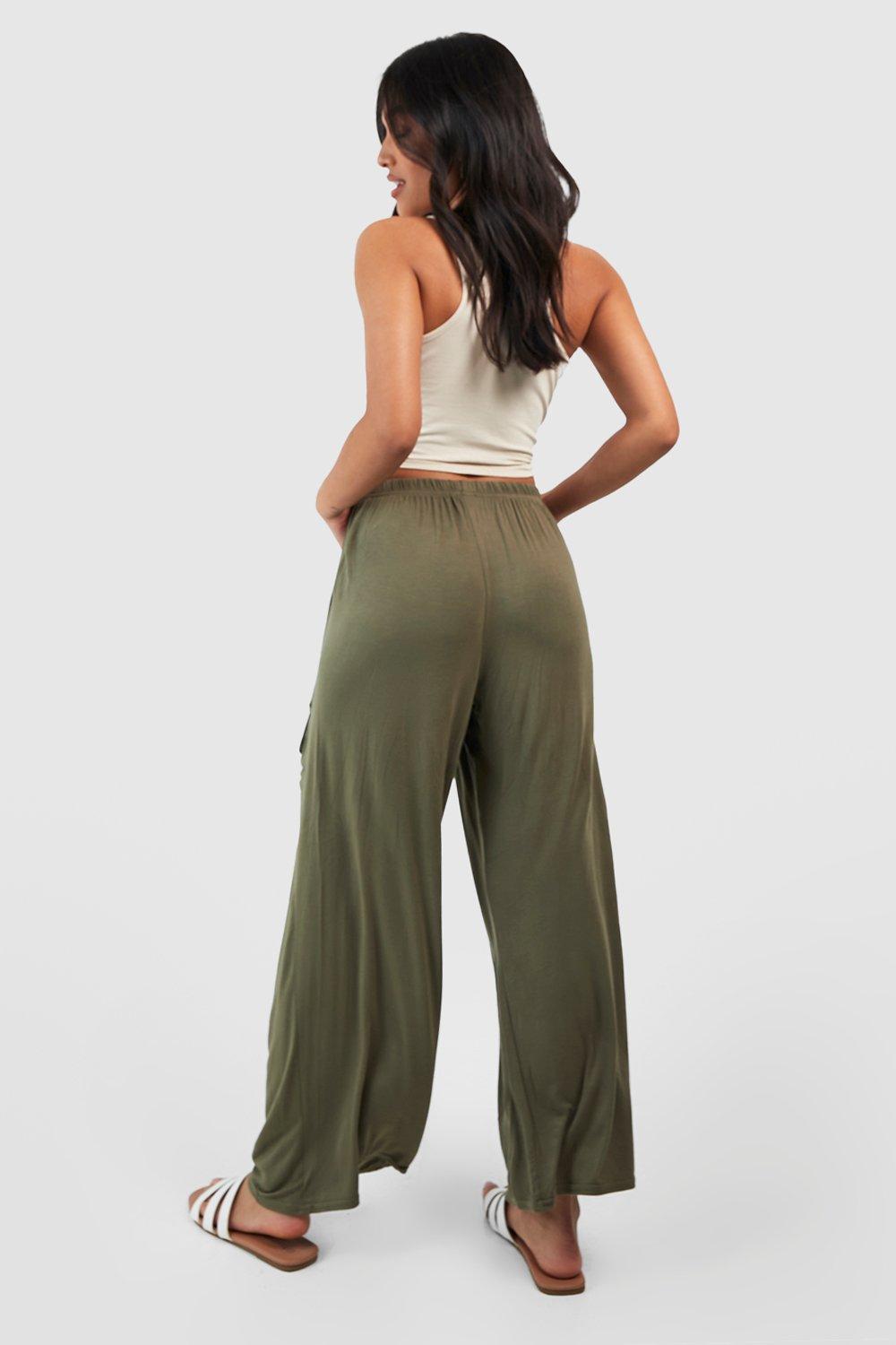 Petite Wide Leg Jersey Knit Relaxed Cargo Pants