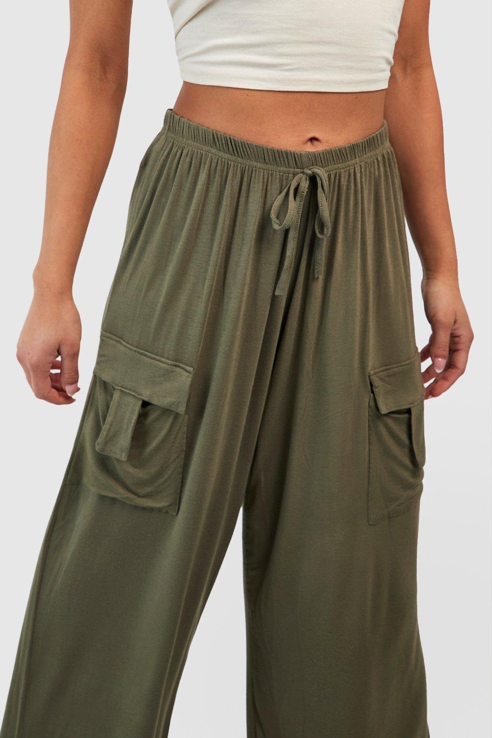 Petite Wide Leg Jersey Knit Relaxed Cargo Pants