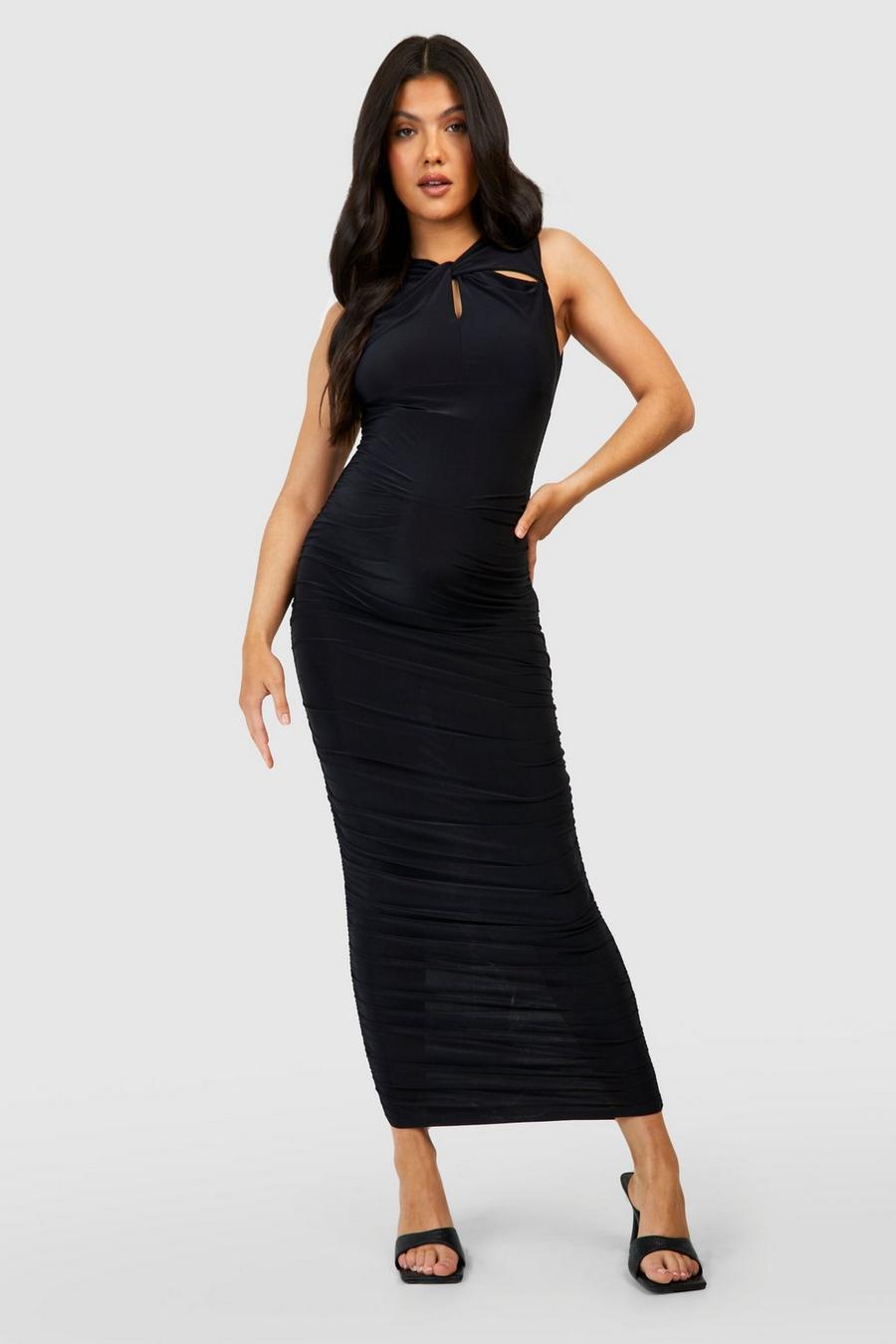 Black Maternity Twist Neck Ruched Midaxi Dress image number 1