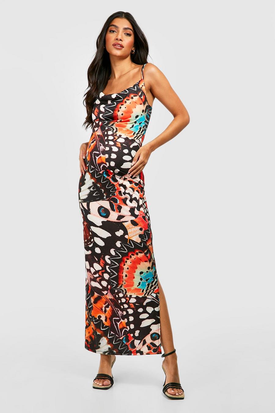 Multi Maternity Butterfly Print Cowl Front Maxi Dress image number 1