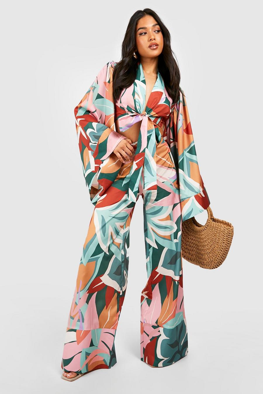 Blue Petite Tropical Print Crop And Wide Leg Trouser Co-ord