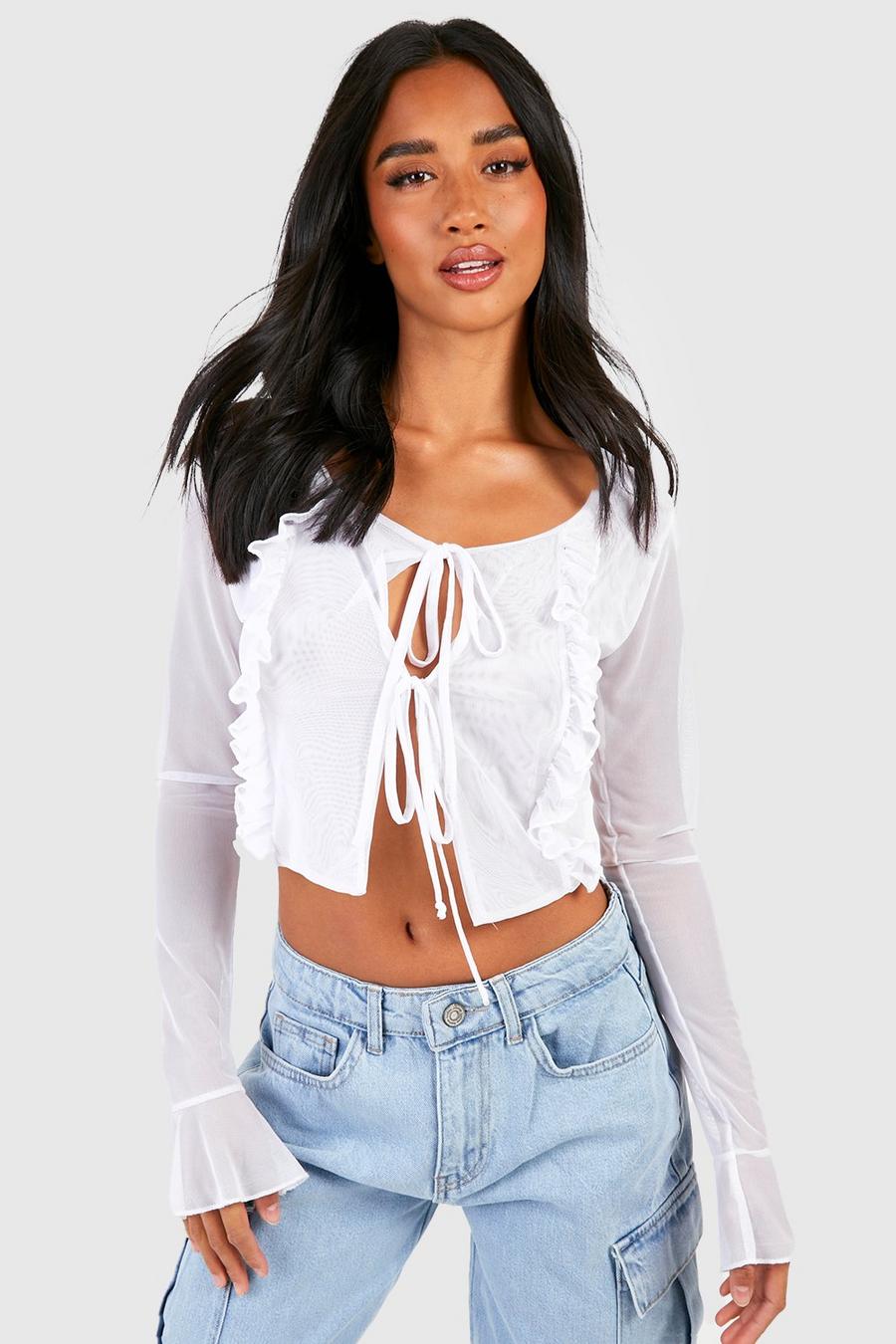 White Petite Tie Front Mesh Top image number 1