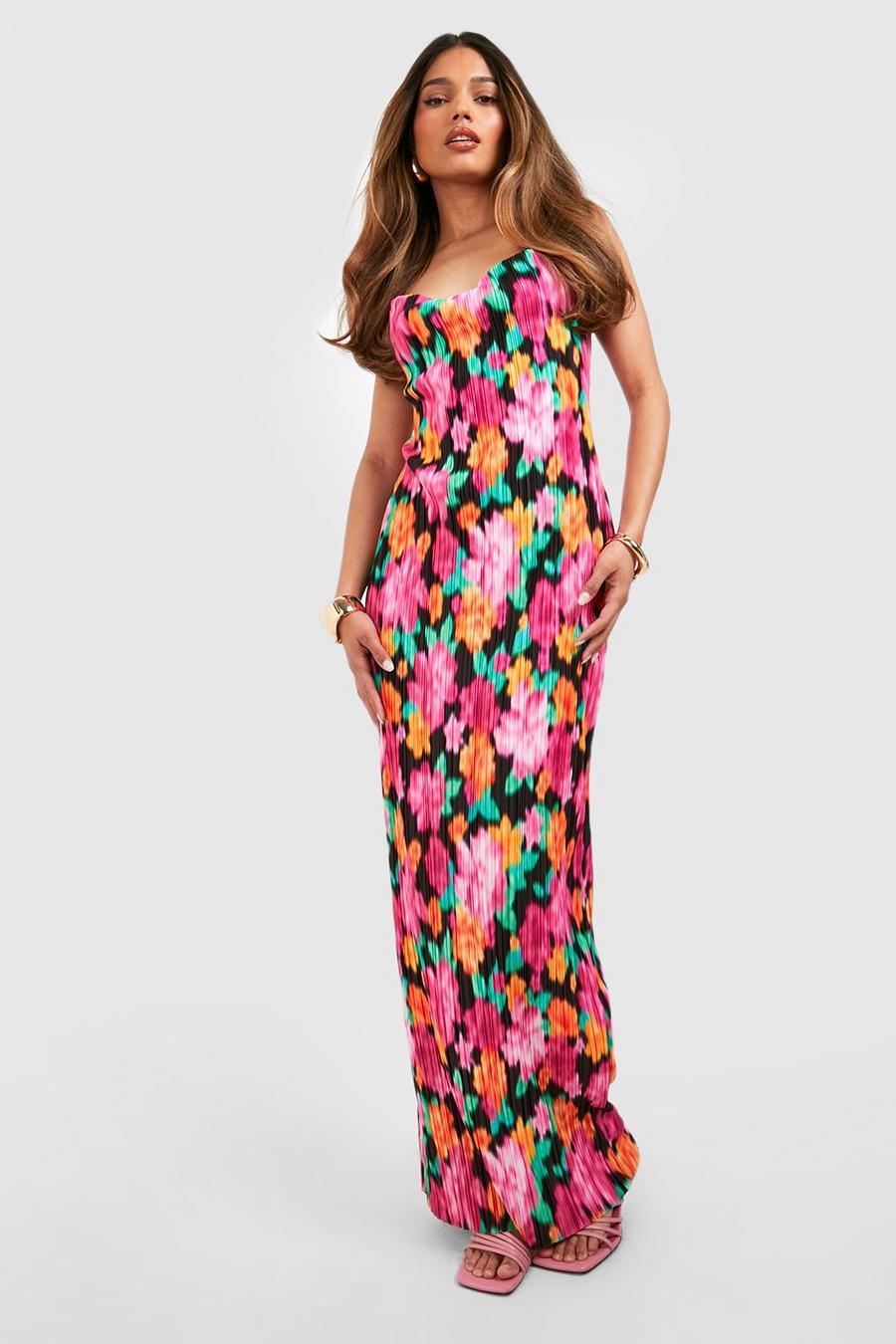 Pink Plisse Bloemen Maxi Jurk Met Wazige Bloemen