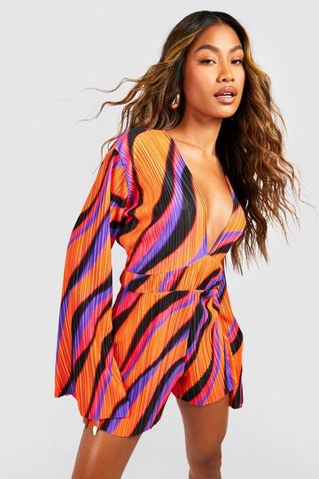 Abstract Plisse Flare Sleeve Playsuit purple