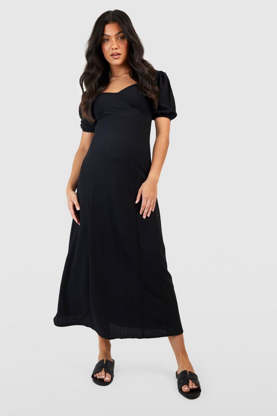 Black schwarz Maternity Textured Puff Sleeve Midaxi Dress