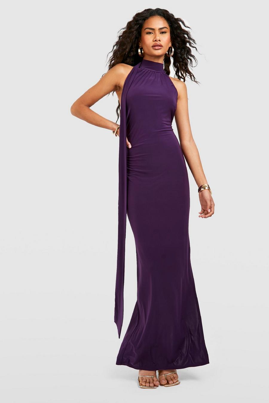 Purple Slinky Halterneck Drape Detail Midaxi Dress