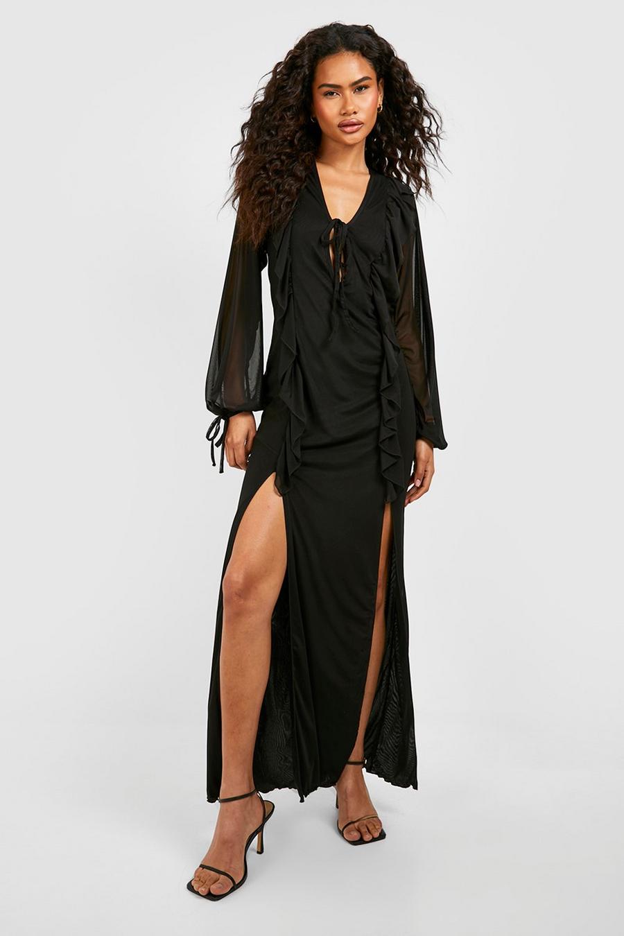 Robe longue nouée en mesh à volants, Black