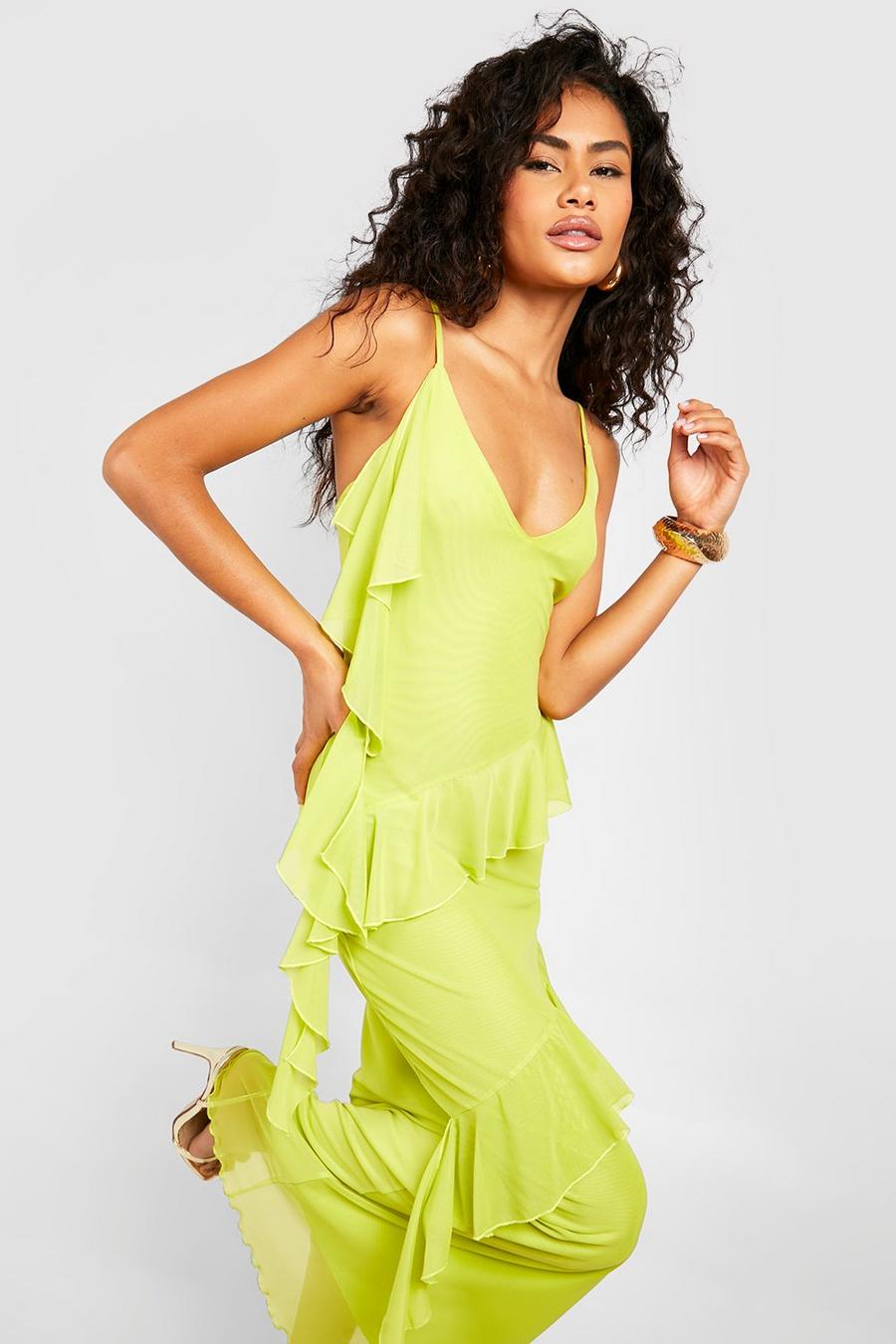 Chartreuse Mesh Maxi Jurk Met Ruches image number 1