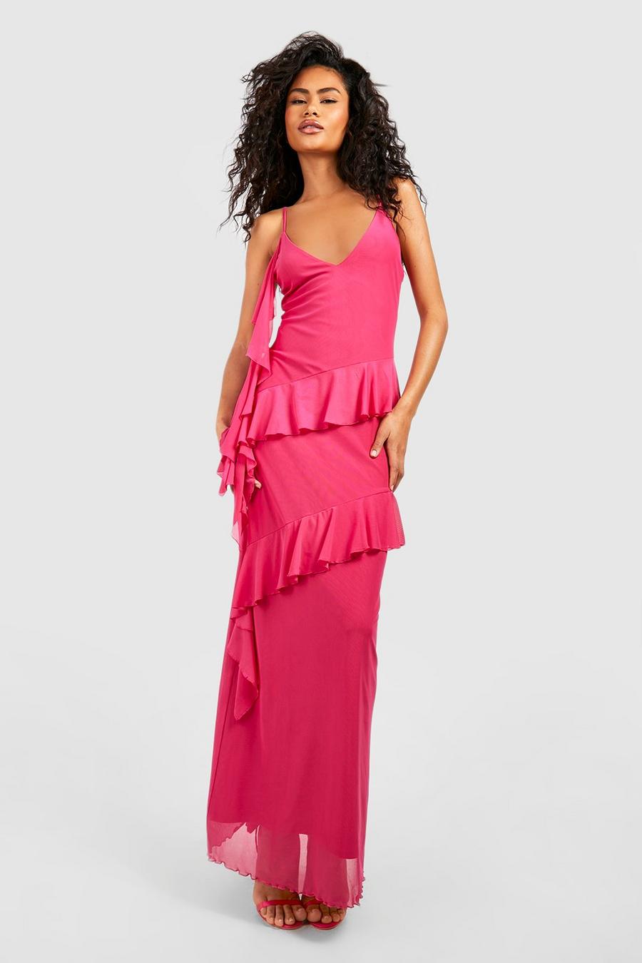Magenta pink Mesh Ruffle Maxi Dress