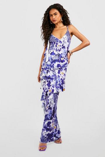 Purple Floral Slinky Ruffle Maxi Dress
