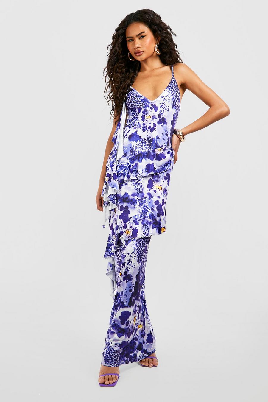 Purple morado Floral Slinky Ruffle Maxi Dress