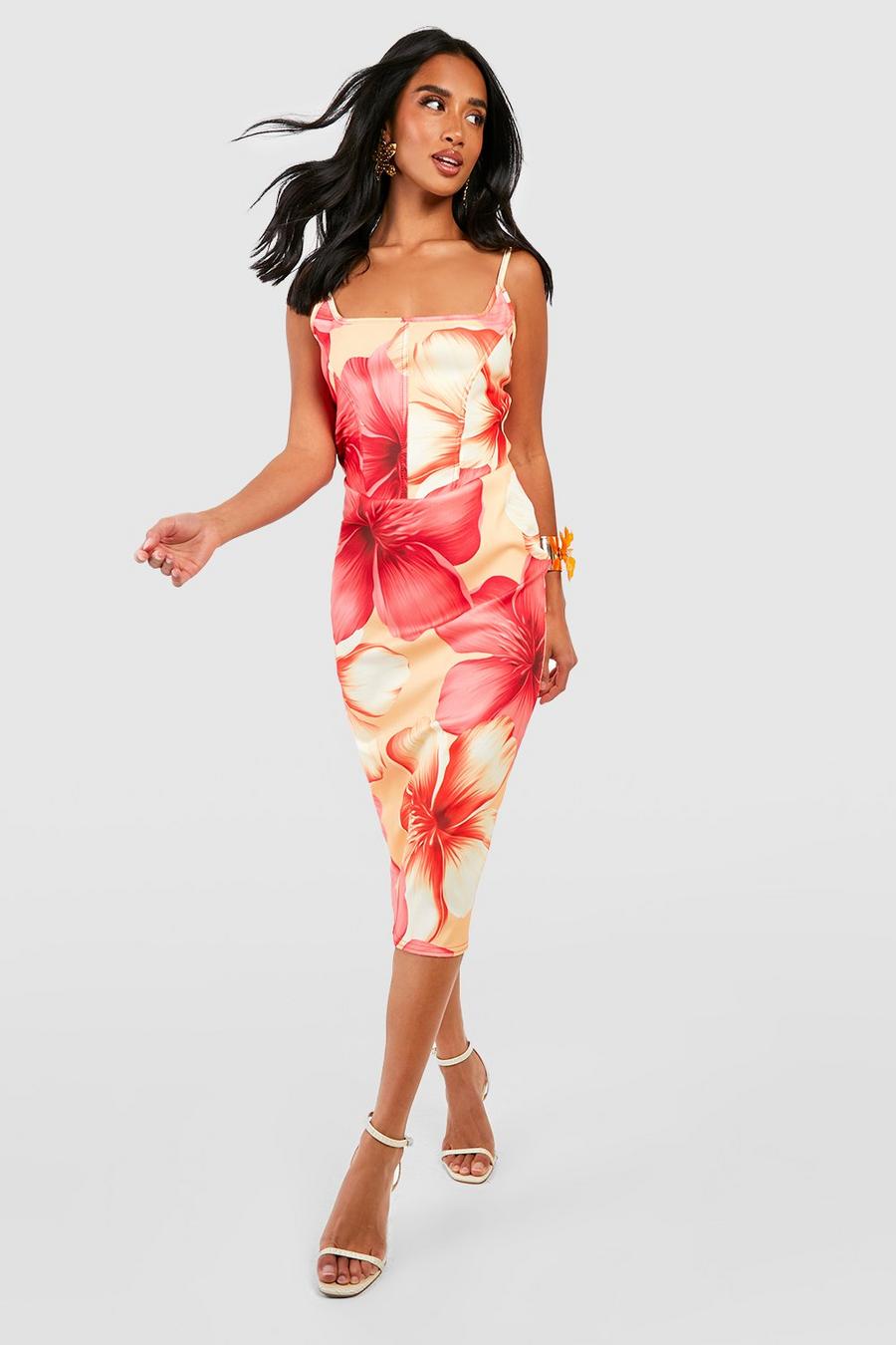 Vestido Petite midi estilo corsé de bengalina con estampado de flores, Pink image number 1