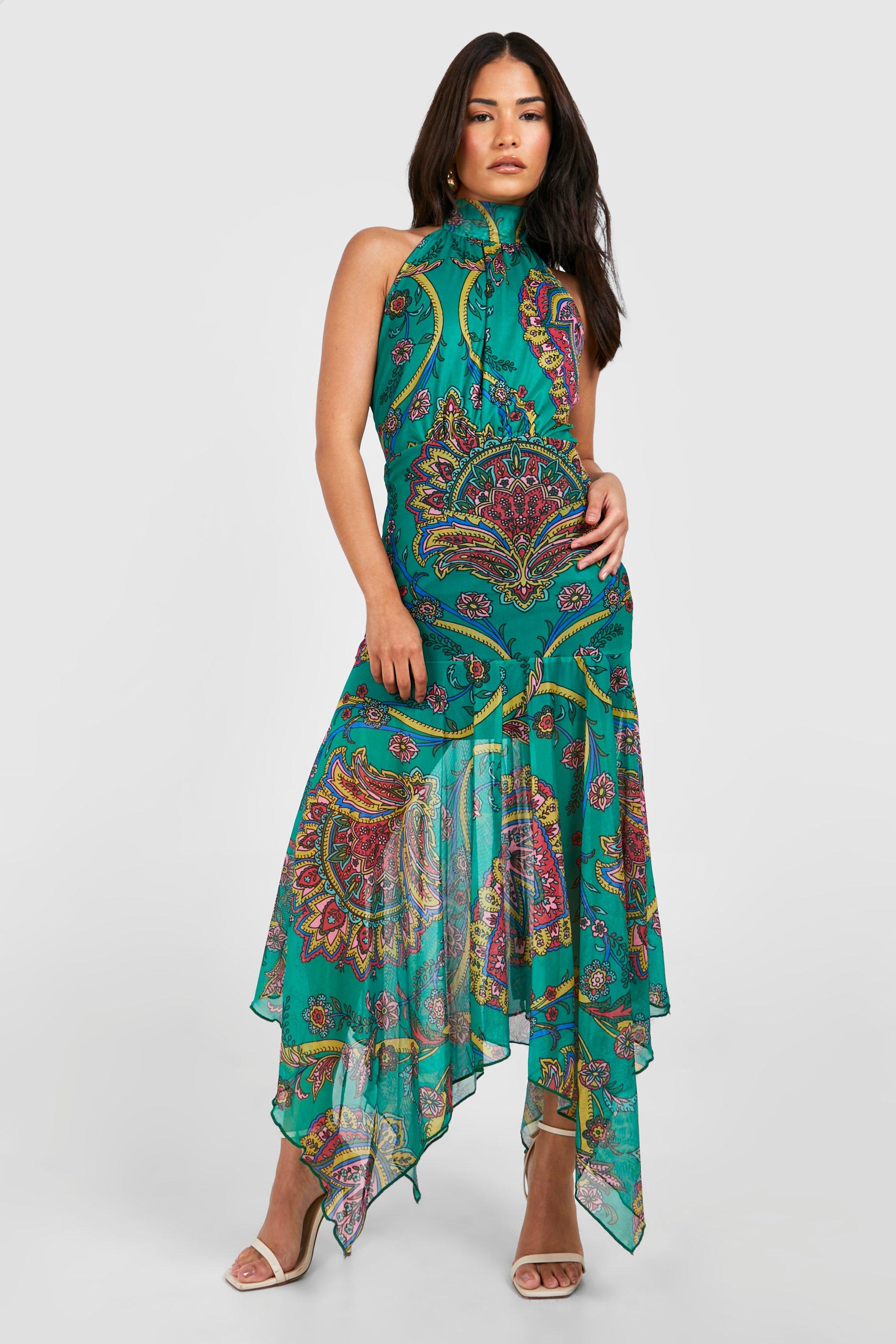 Petite Paisley Mesh High Neck Ruffle Hem Maxi Dress