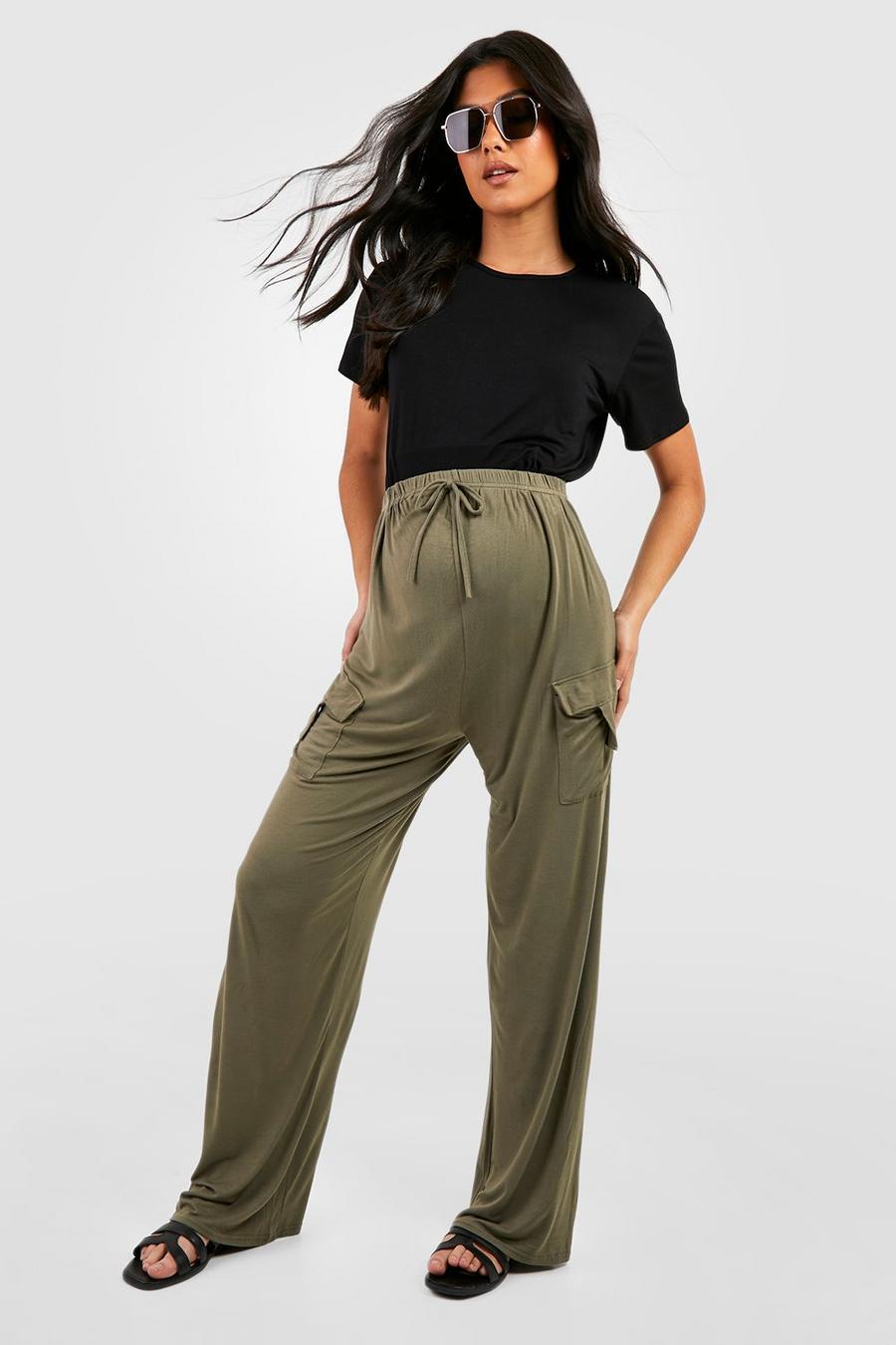 Khaki Maternity Wide Leg Jersey Knit Relaxed Cargo Pants image number 1