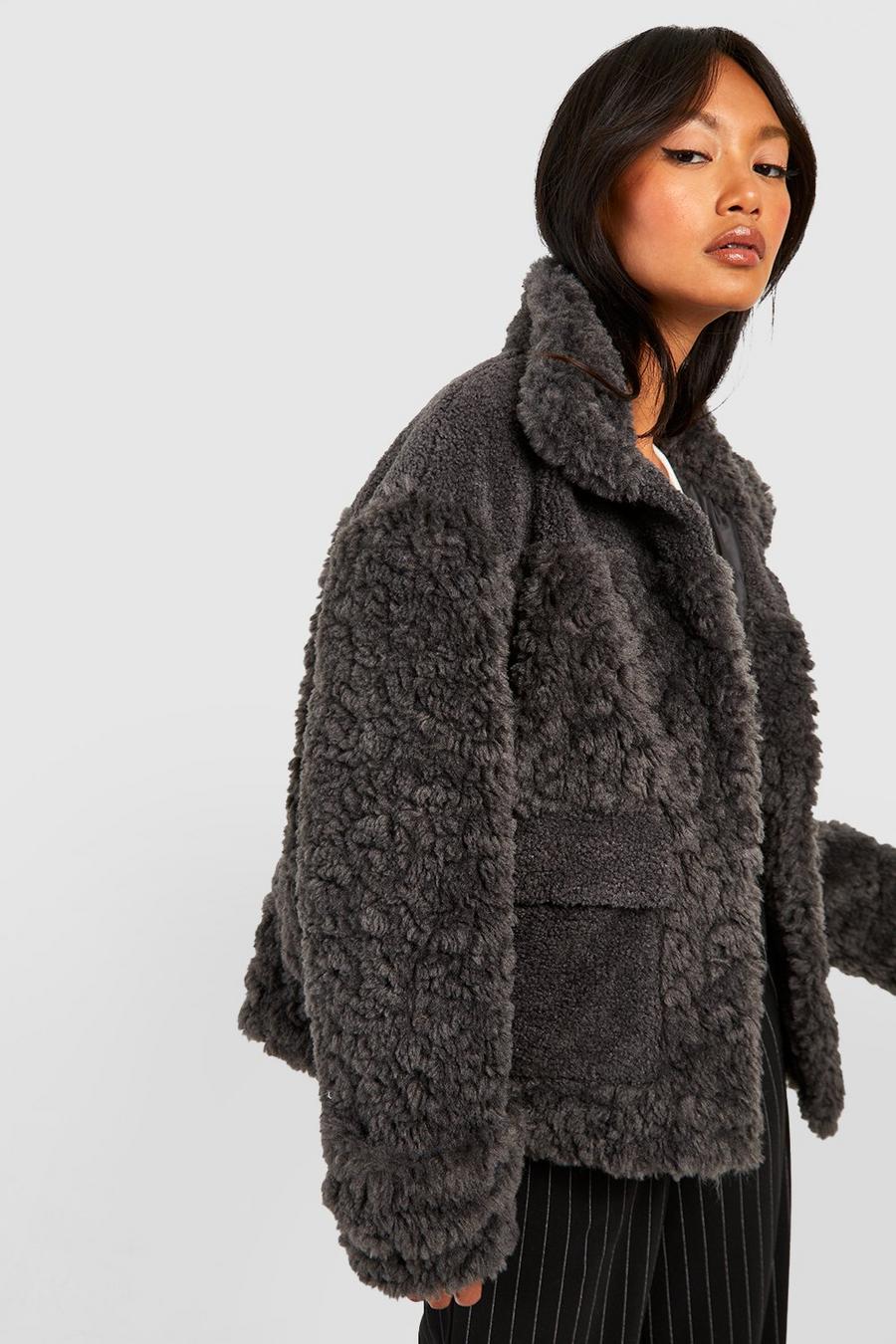 Slate Textured Faux Fur Jacket 