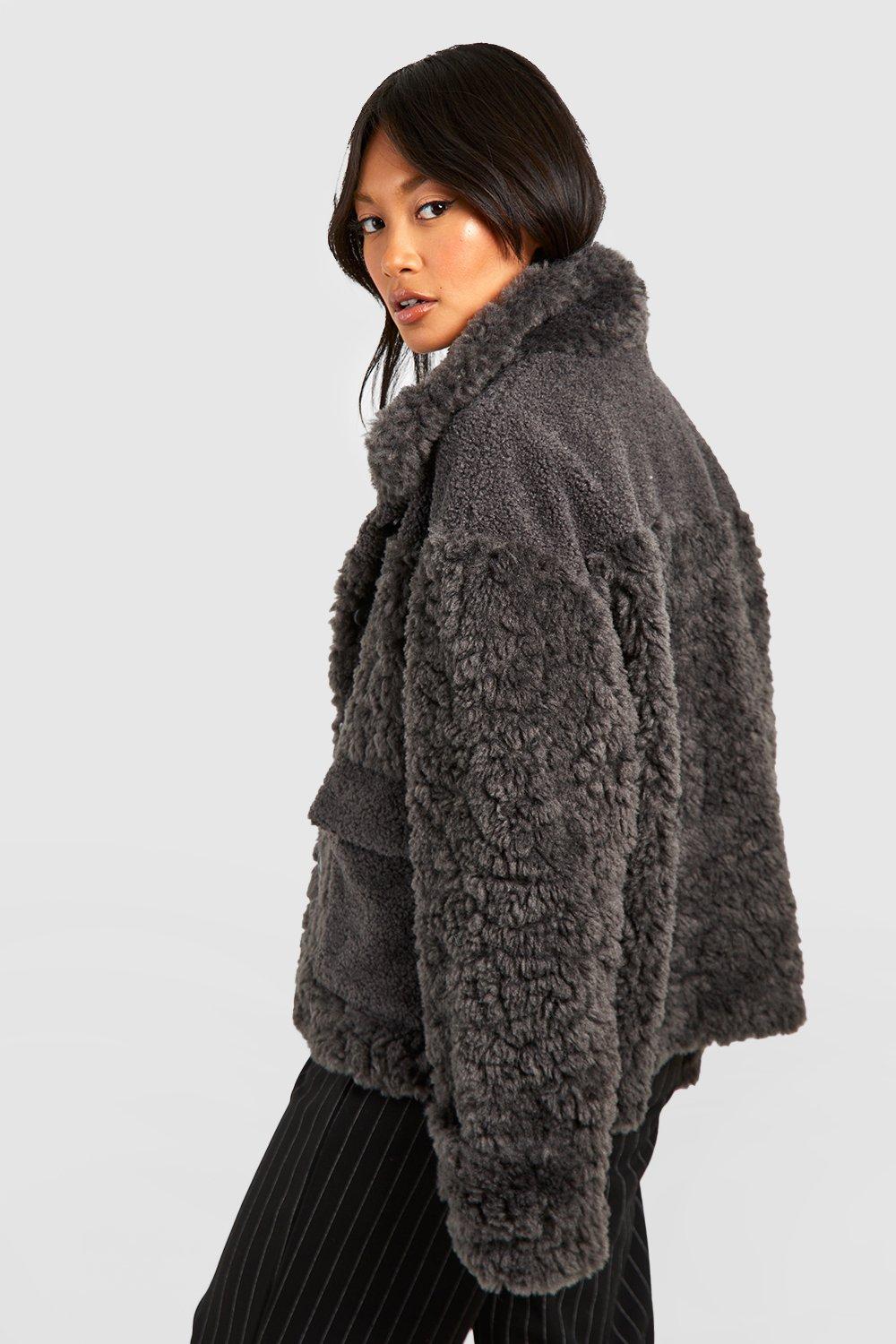 Boohoo Plus Textured Faux Fur Jacket in Natural