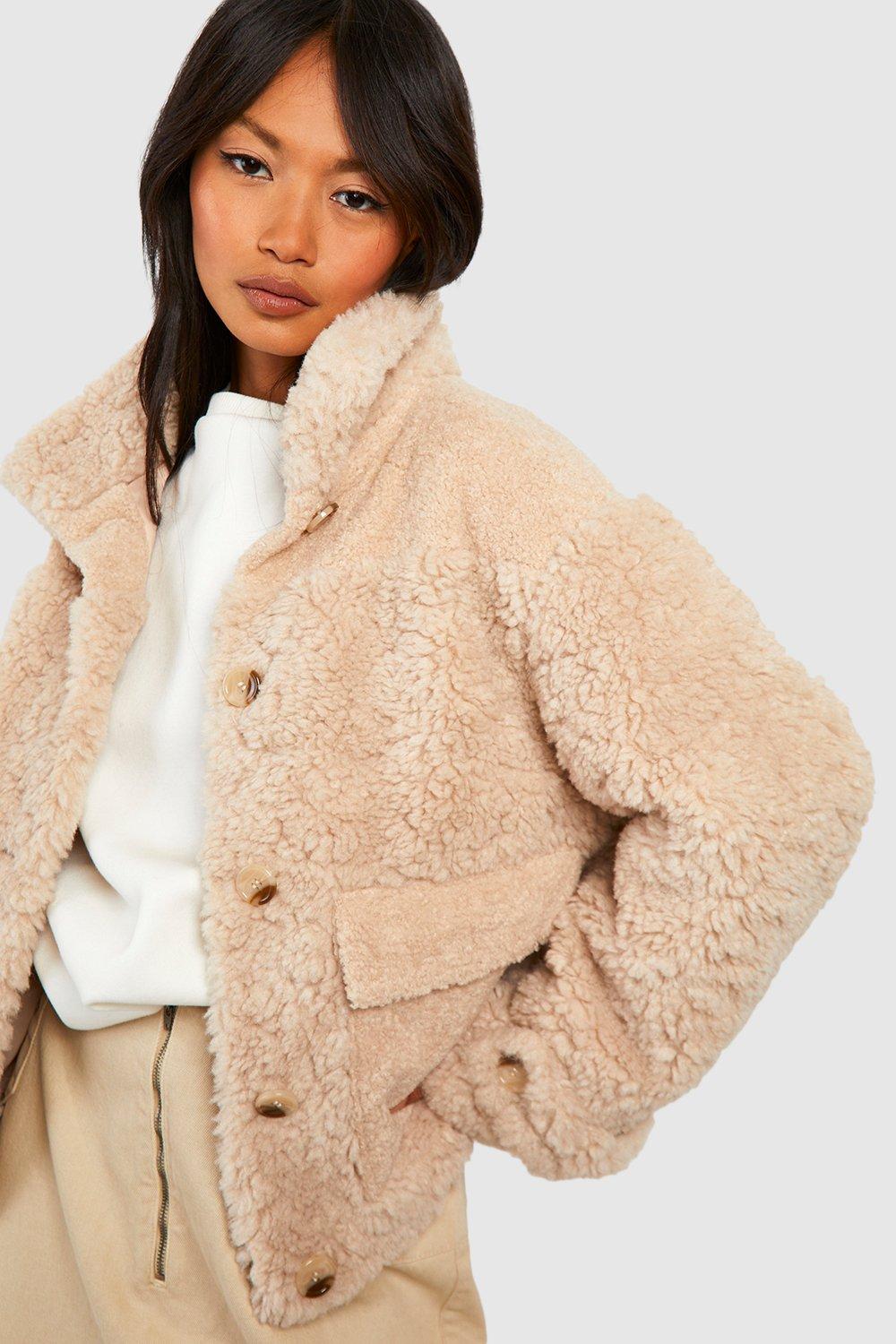 Boohoo Plus Textured Faux Fur Jacket in Natural