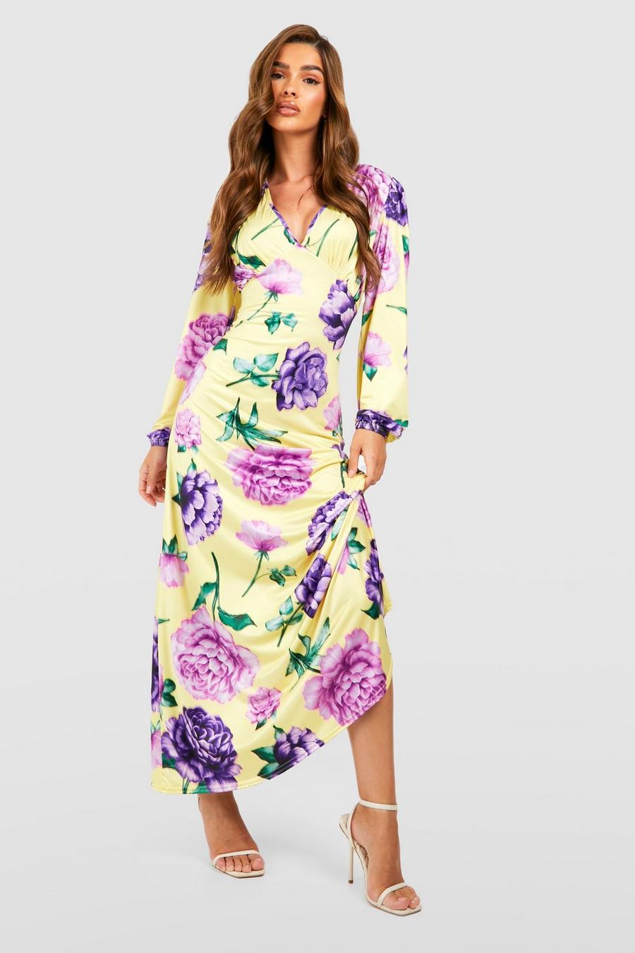 Yellow Floral Plunge Maxi Dress image number 1