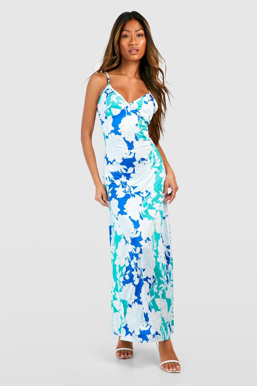 Blue Floral Strappy Maxi Slip Dress image number 1