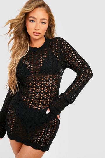 Black Crochet Knitted Open Back Beach Mini Dress