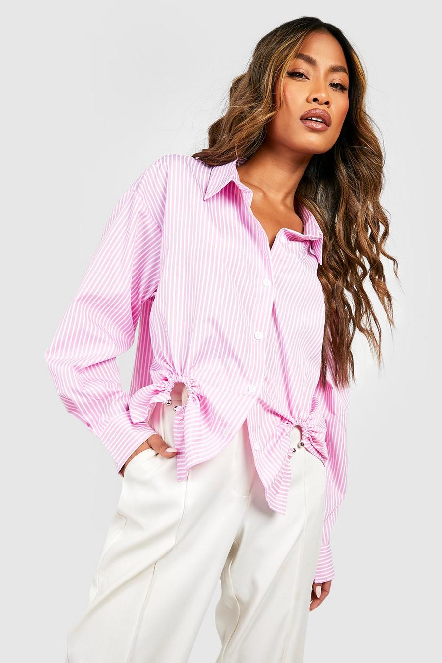 Camisa de popelina con rayas y detalle de anillo, Pink