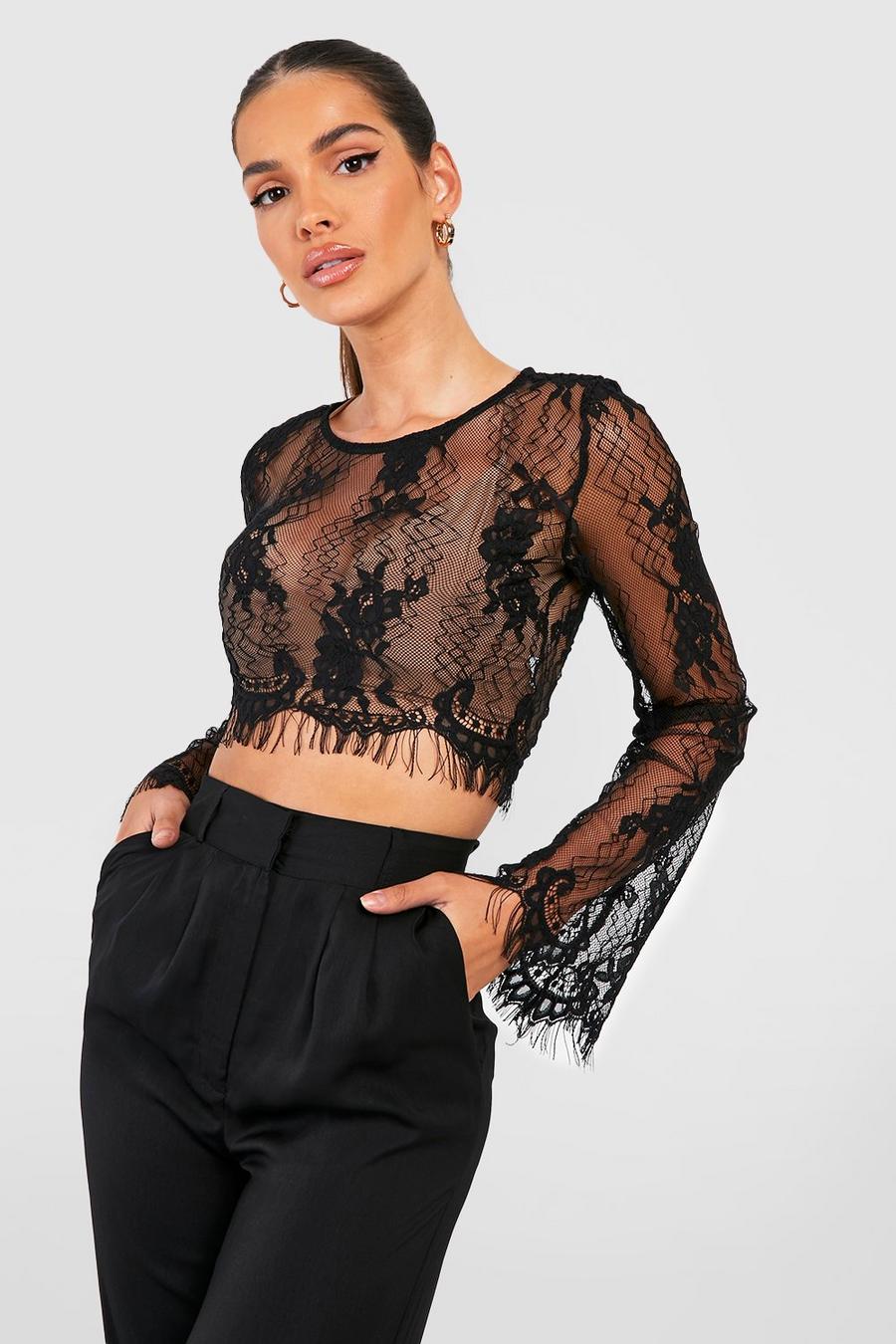 Black Lace Flare Sleeve Crop Top image number 1