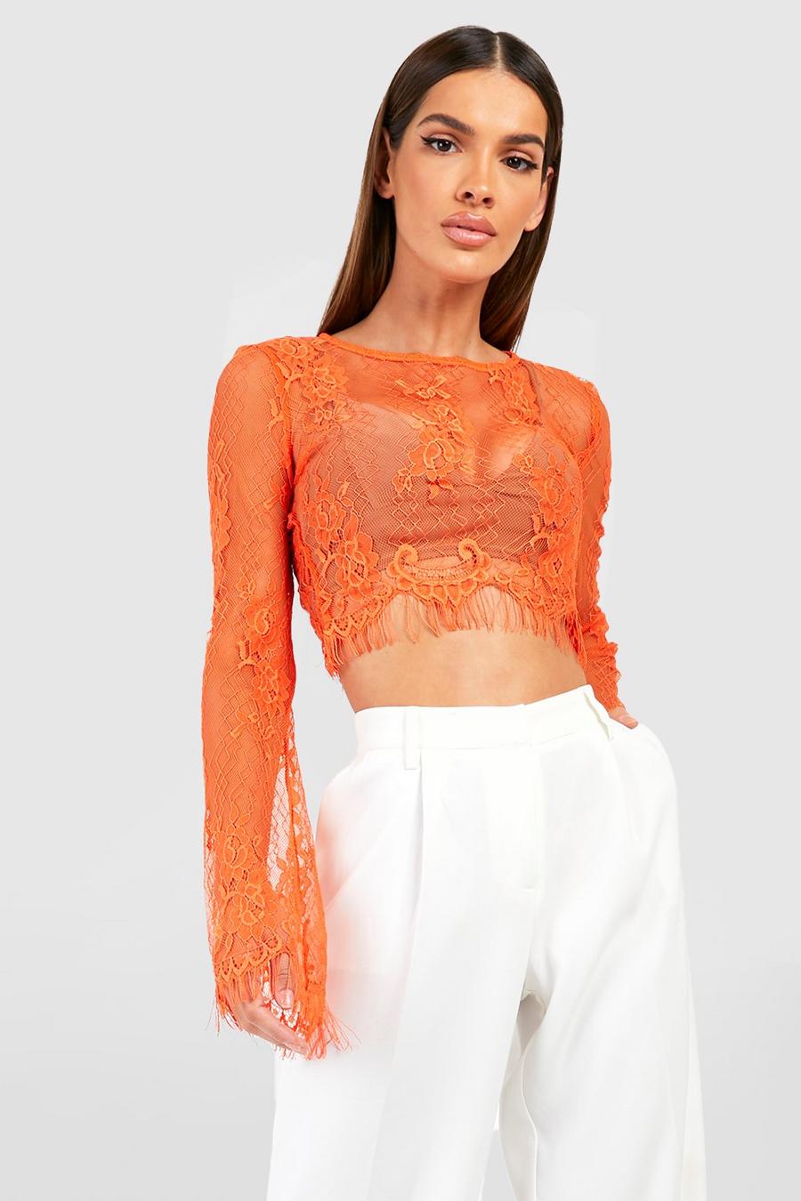 Orange Lace Flare Sleeve Crop Top