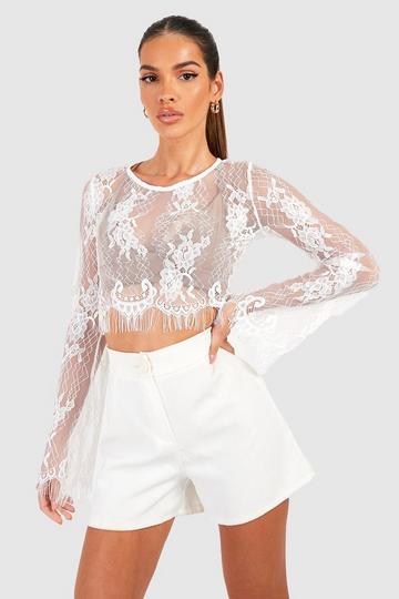 White Lace Flare Sleeve Crop Top