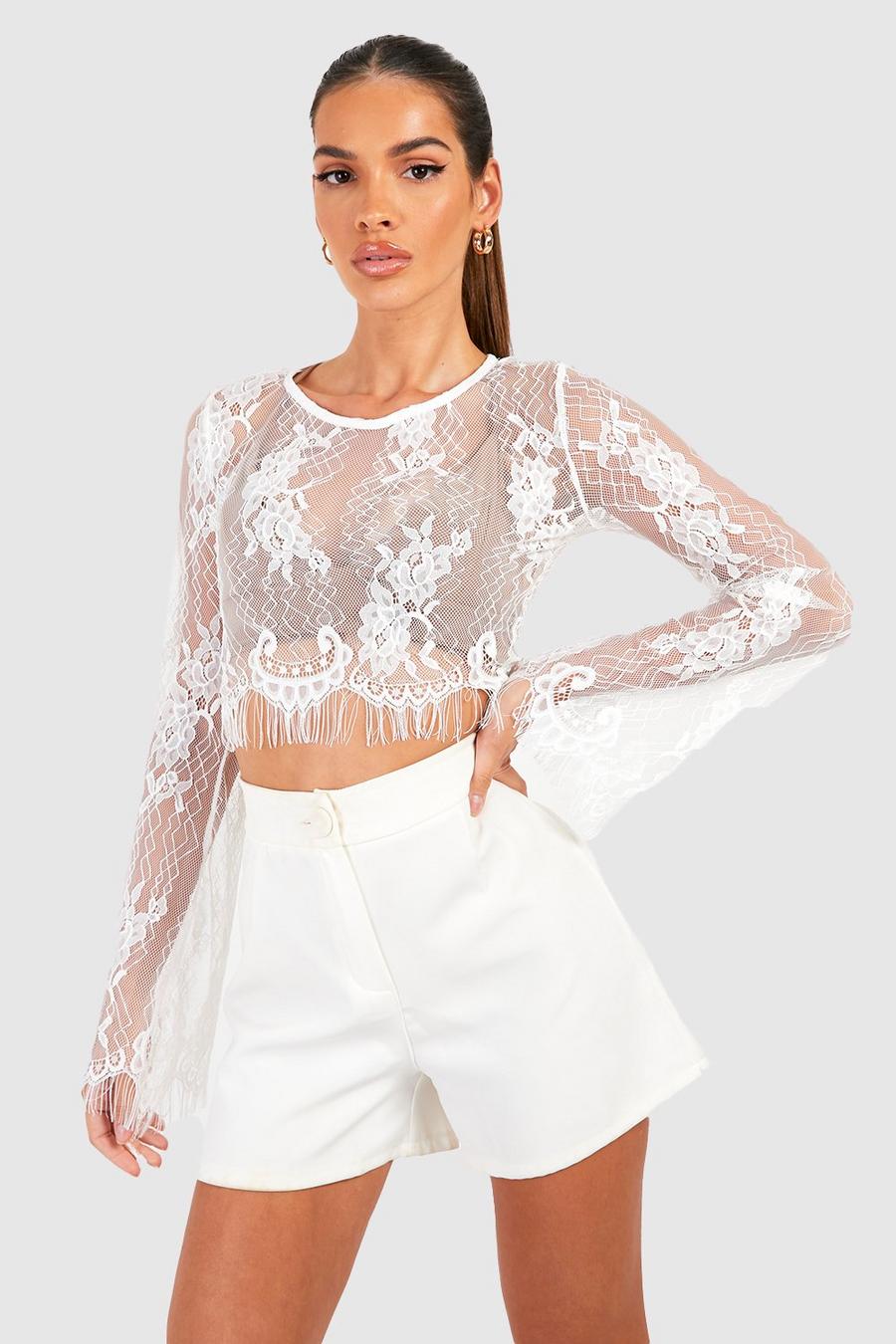 Crop top in pizzo con maniche svasate, White image number 1