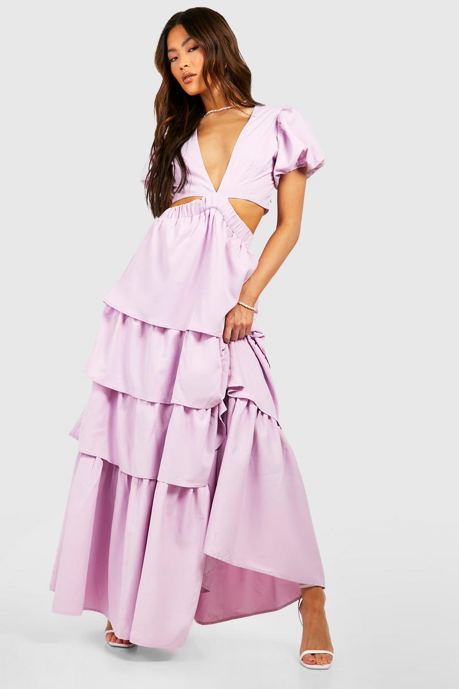 Lilac Puff Sleeve Cut Out Ruffle Midi Dress image number 1