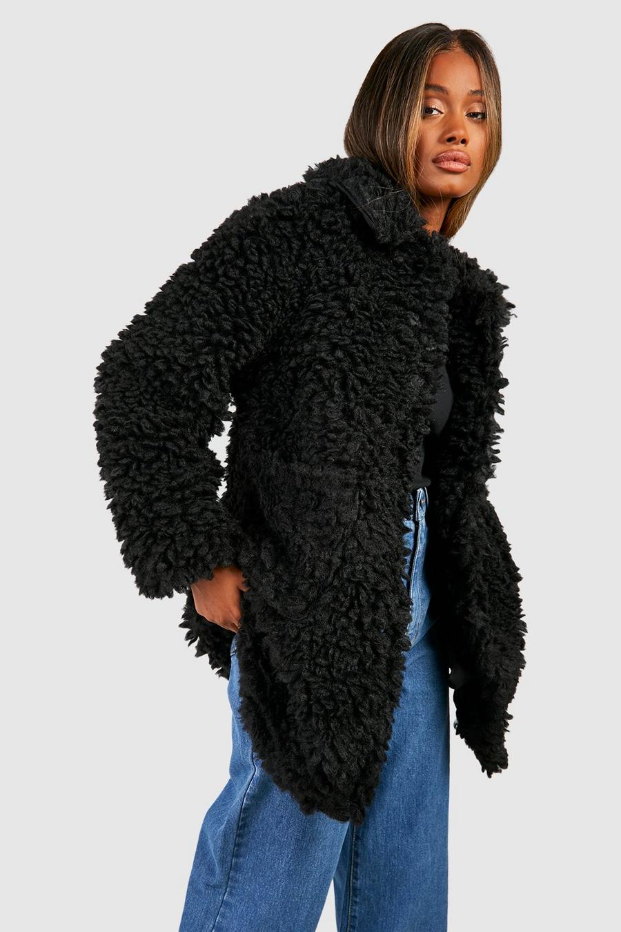 Black Textured Collared Faux Fur Coat 