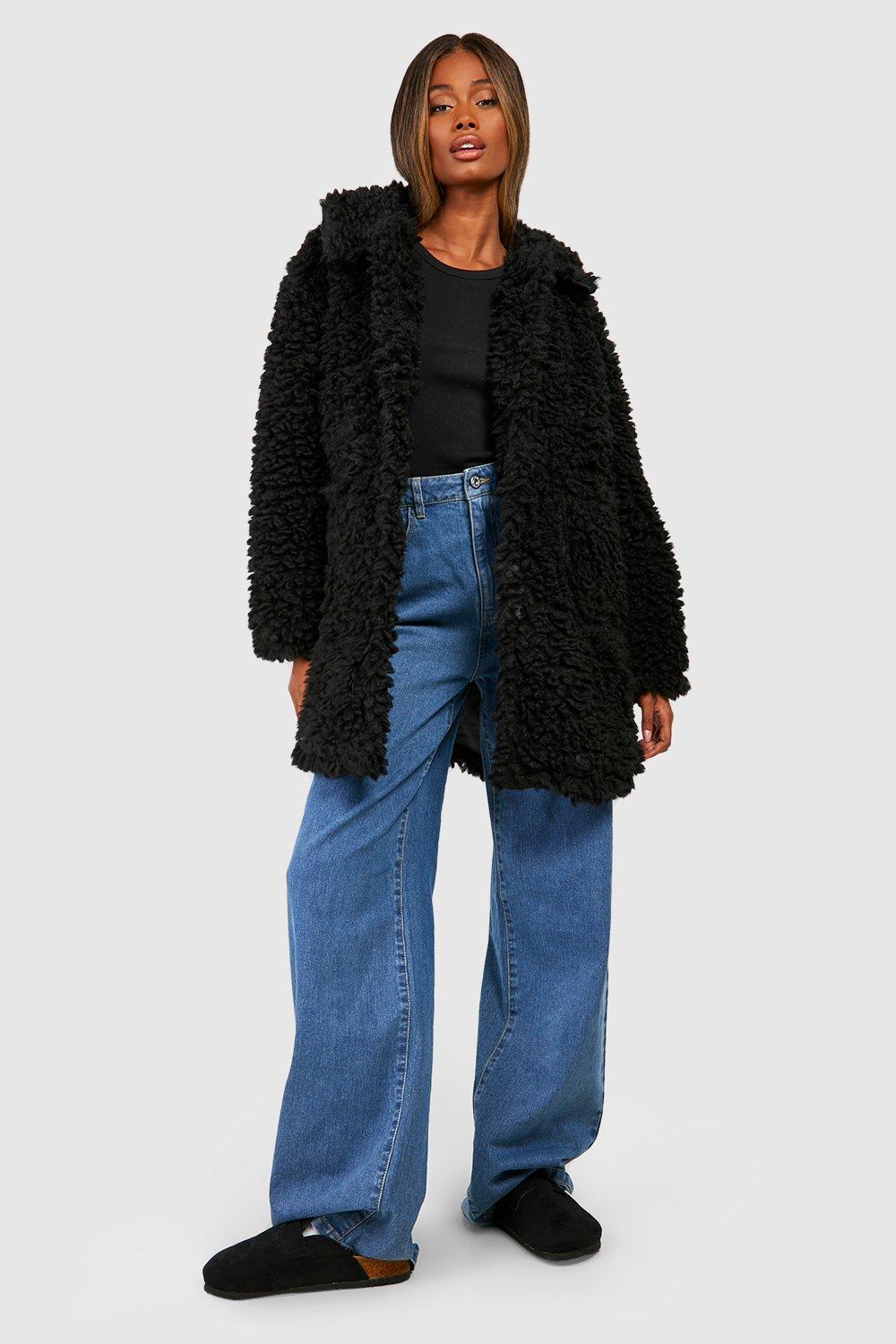 Black textured shop faux fur coat