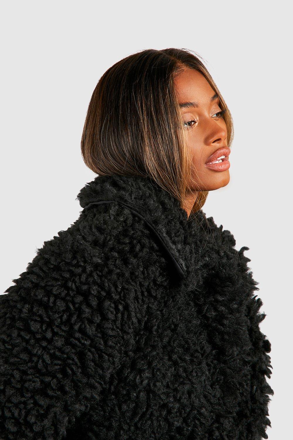 Black textured shop faux fur coat