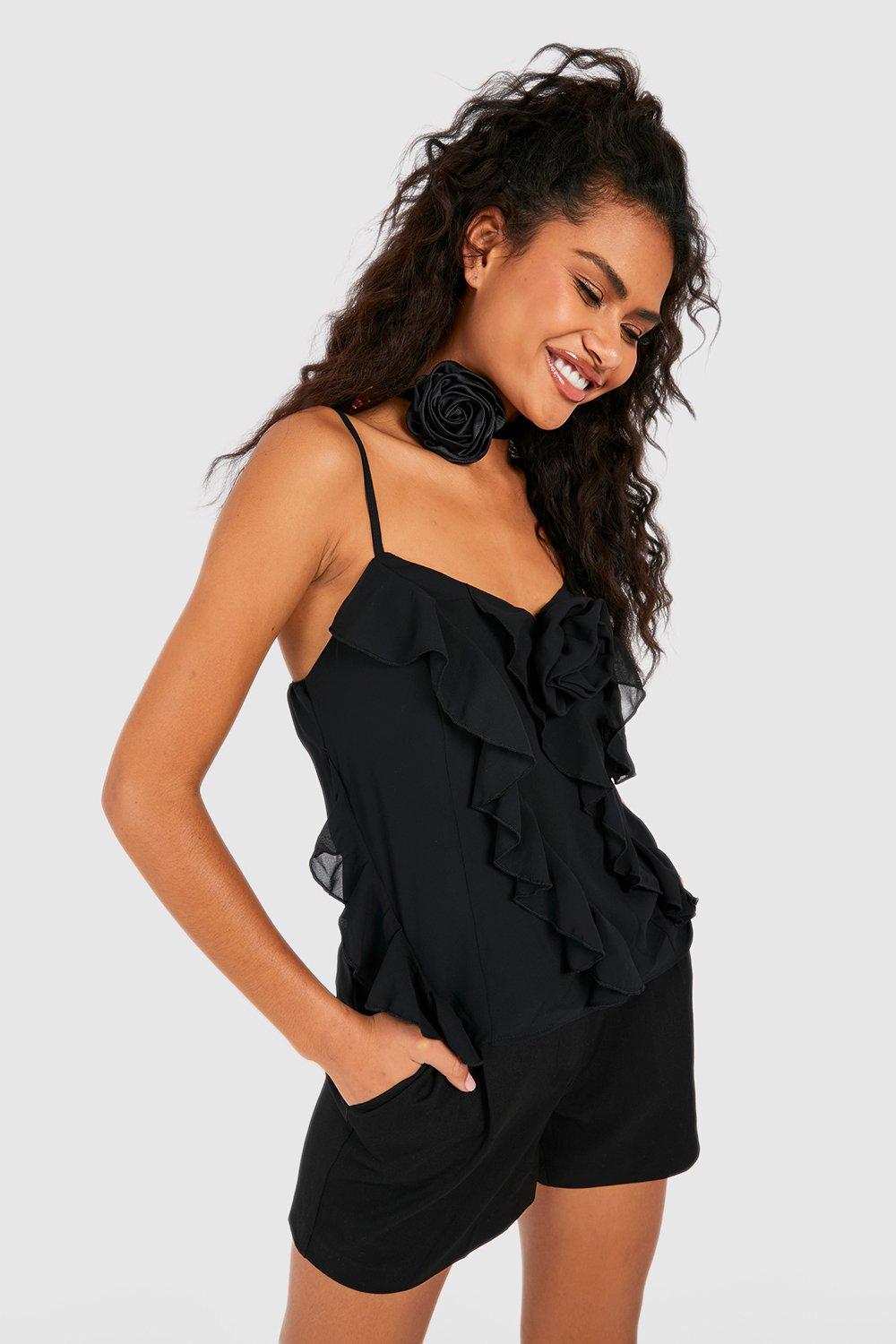 Black Rose Detail Ruffle Chiffon Cami Top