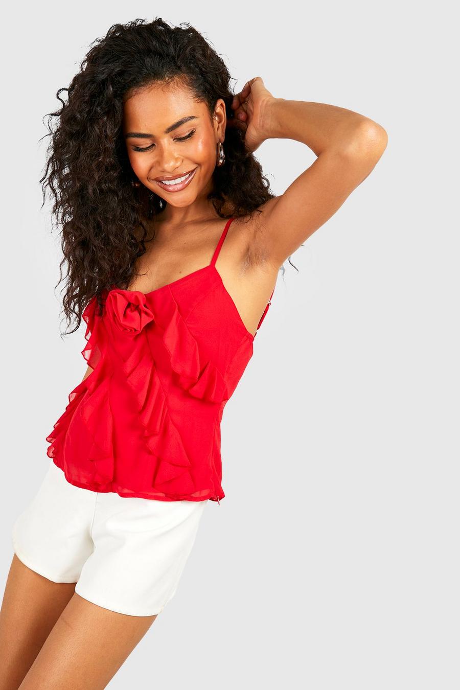 Red Rose Detail Ruffle Chiffon Cami Top image number 1