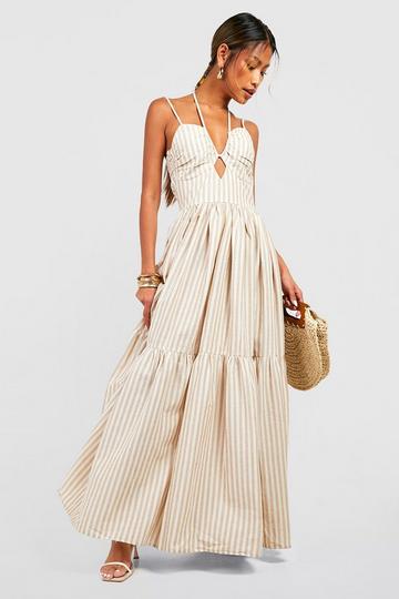 Stone Beige Stripe Tiered Maxi Dress