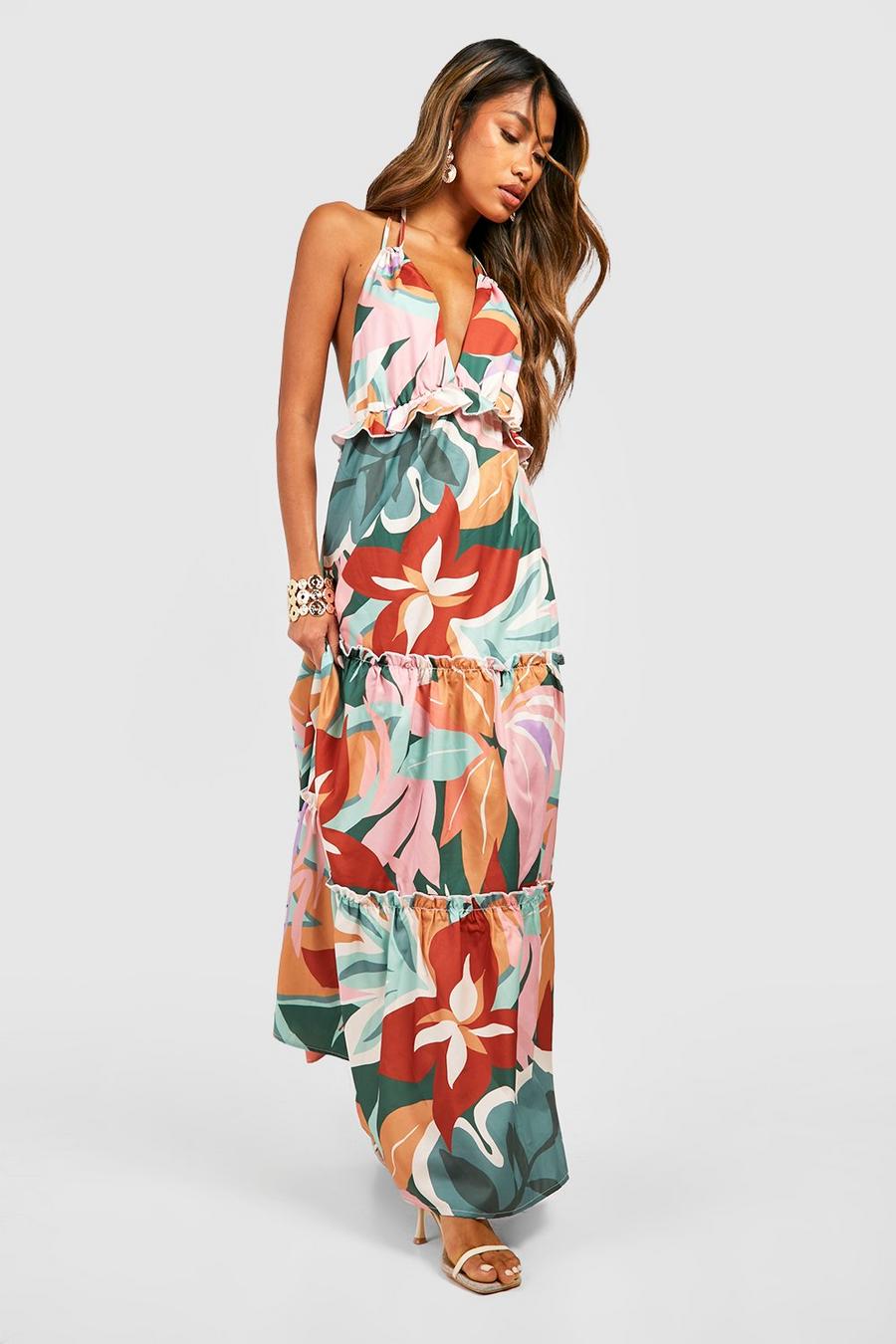 Green Tropical Print Tiered Maxi Dress image number 1
