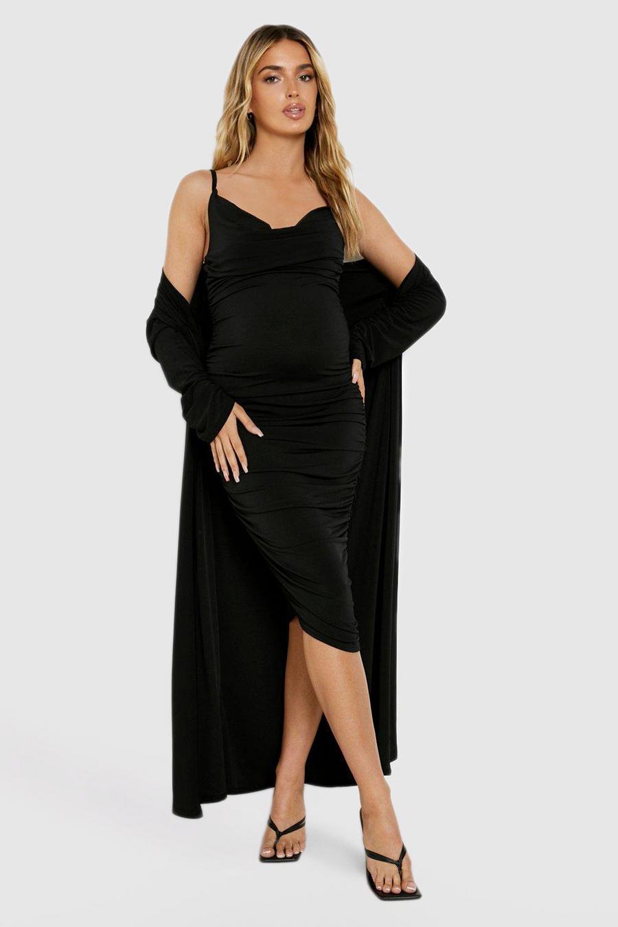 Umstandsmode Kleid mit Wasserfallausschnitt & Duster-Mantel, Black image number 1