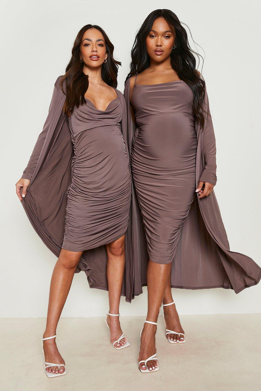 Maternity Strappy Cowl Neck Dress And Duster Coat